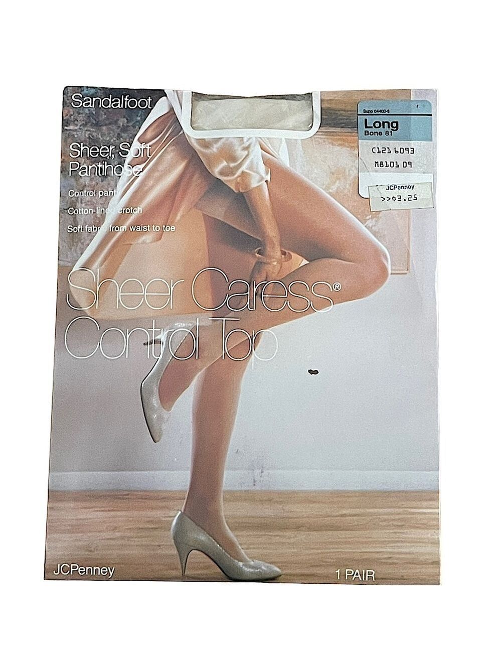 JC Penney Vintage 80s Sheer Caress Control Top Pantyhose Bone Long